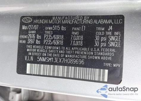 2007 Hyundai Santa Fe Limited/Se from USA, damaged, VIN 5NMSH13EX7H089696